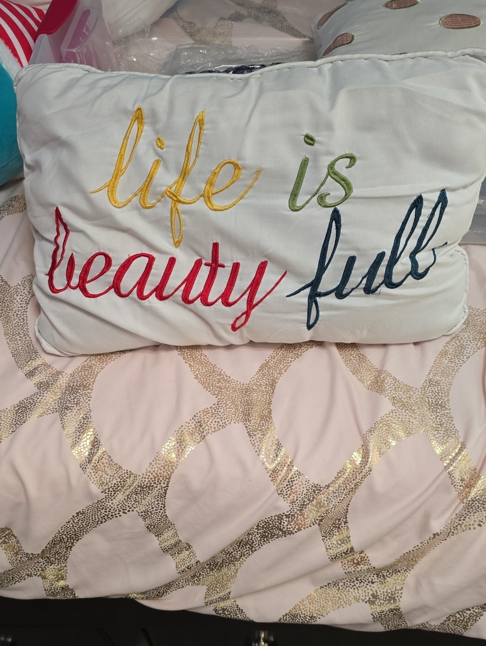 Life Is Beautiful Embroidered Decorative Pillow - White